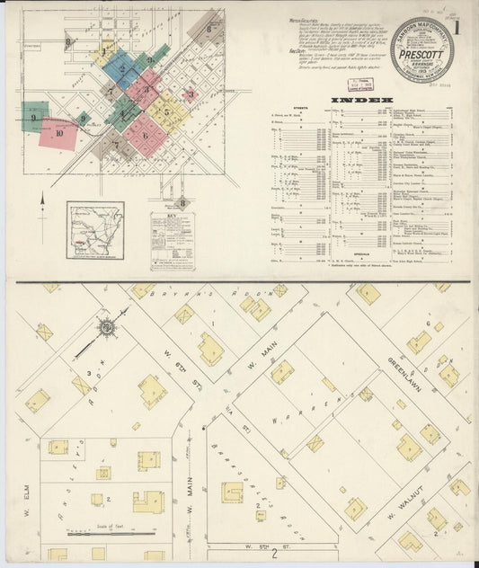 Sanborn Fire Insurance Map from Prescott, Nevada County, Arkansas (1913), Sheet #0001 - Complete Map Set gallery image, historic Sanborn map, vintage wall art, Arkansas Arkansas