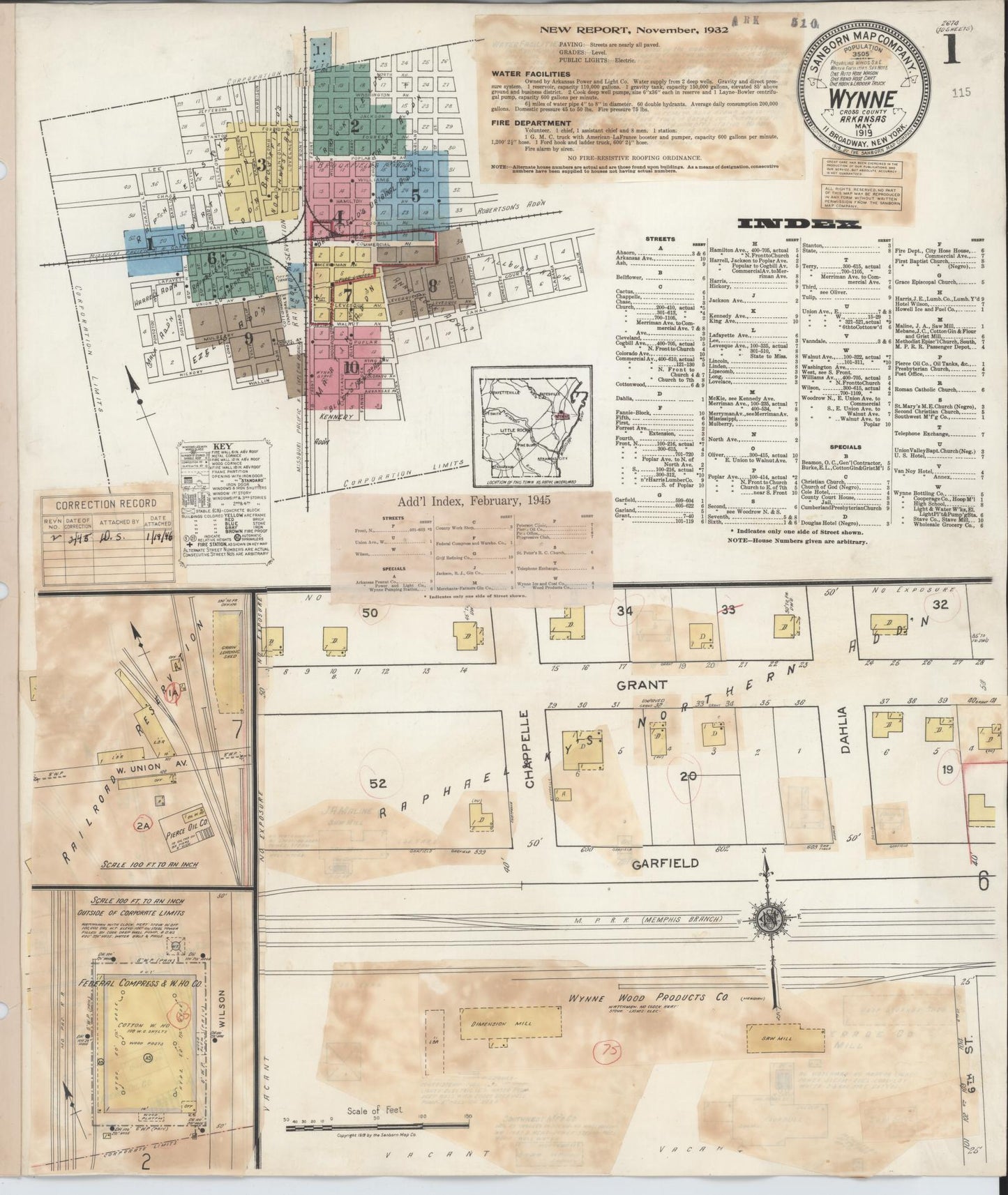 Sanborn Fire Insurance Map from Wynne, Cross County, Arkansas (1945), Sheet #0001 - Complete Map Set gallery image, historic Sanborn map, vintage wall art, Arkansas Arkansas