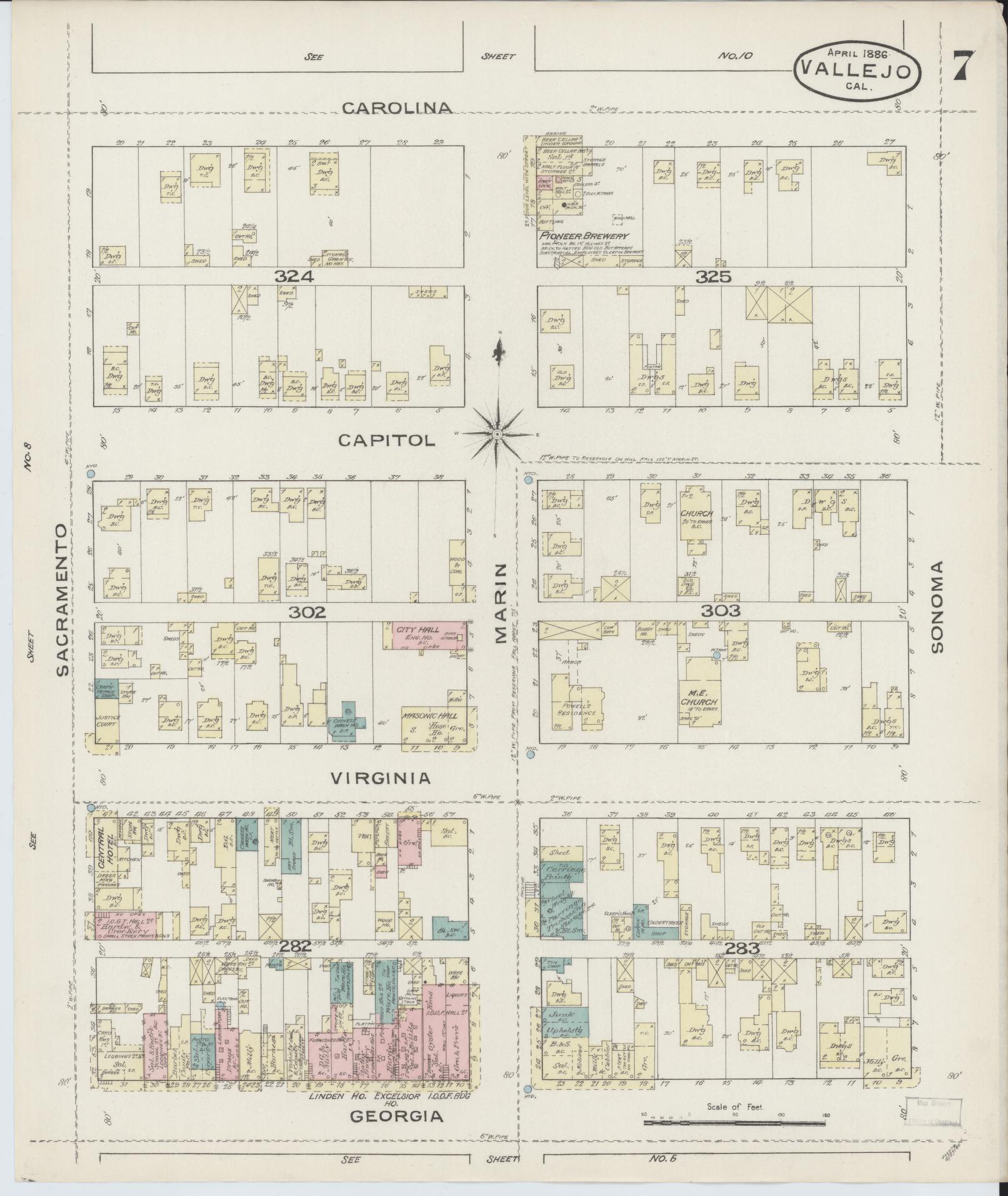 Sanborn Fire Insurance Map from Vallejo, Solano County, California (1886), Sheet #0007 - Complete Map Set gallery image, historic Sanborn map, vintage wall art, California California