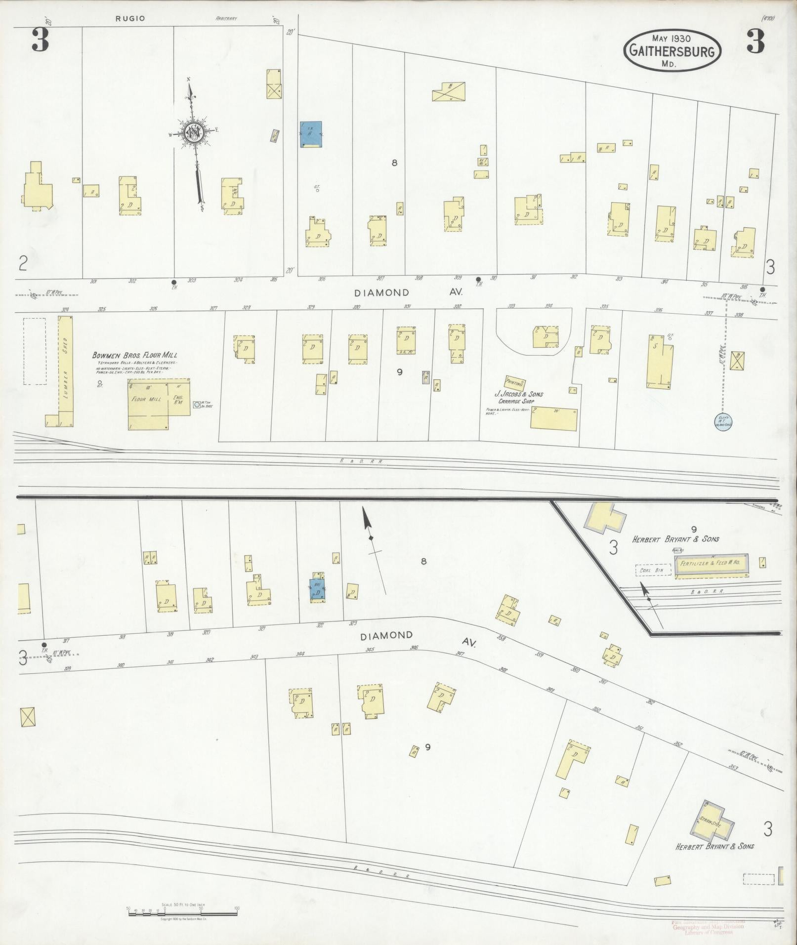 Sanborn Fire Insurance Map from Gaithersburg, Montgomery County, Maryland (1930), Sheet #0003 - Historic Sanborn Fire Insurance Map Print, vintage old map wall art, antique decor, genealogy gift, Maryland Maryland map