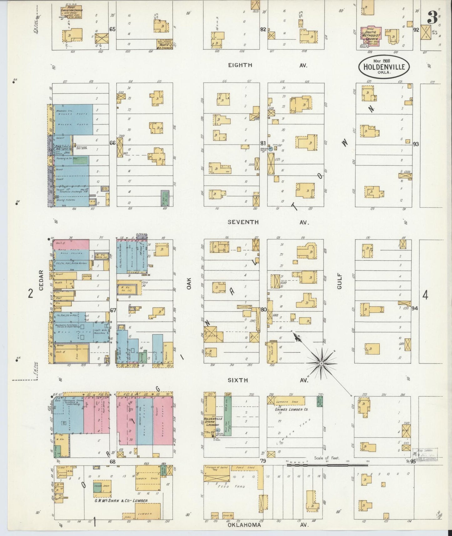 Sanborn Fire Insurance Map from Holdenville, Hughes County, Oklahoma (1908), Sheet #0003 - Complete Map Set gallery image, historic Sanborn map, vintage wall art, Oklahoma Oklahoma