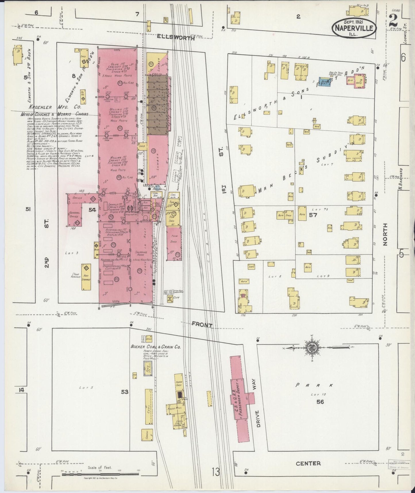 Sanborn Fire Insurance Map from Naperville, Du Page County, Illinois (1921), Sheet #0002 - Complete Map Set gallery image, historic Sanborn map, vintage wall art, Illinois Illinois