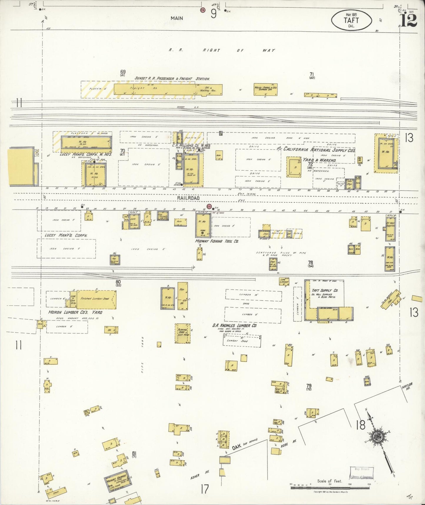 Sanborn Fire Insurance Map from Taft, Kern County, California (1921), Sheet #0012 - Complete Map Set gallery image, historic Sanborn map, vintage wall art, California California