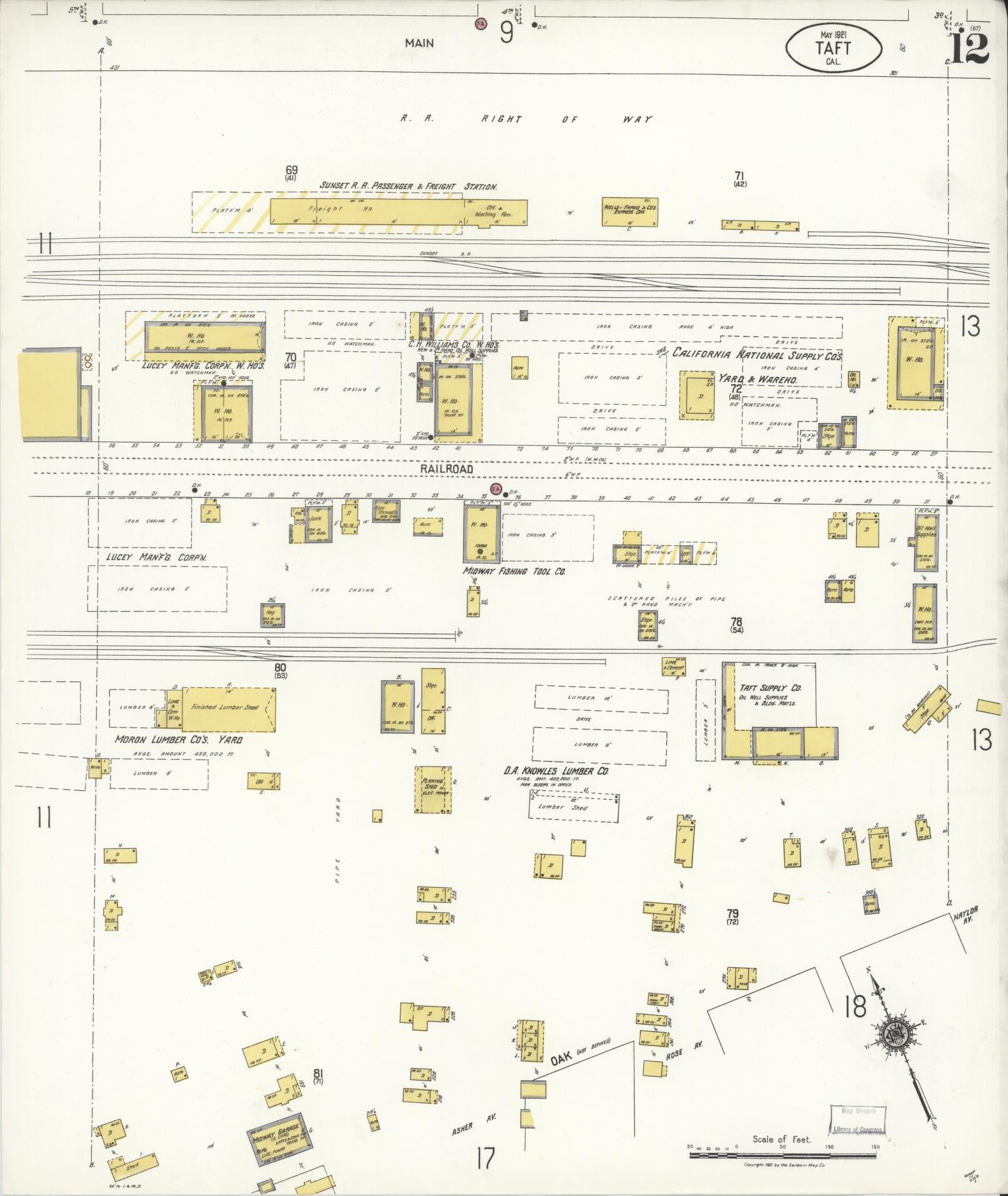 Sanborn Fire Insurance Map from Taft, Kern County, California (1921), Sheet #0012 - Complete Map Set gallery image, historic Sanborn map, vintage wall art, California California