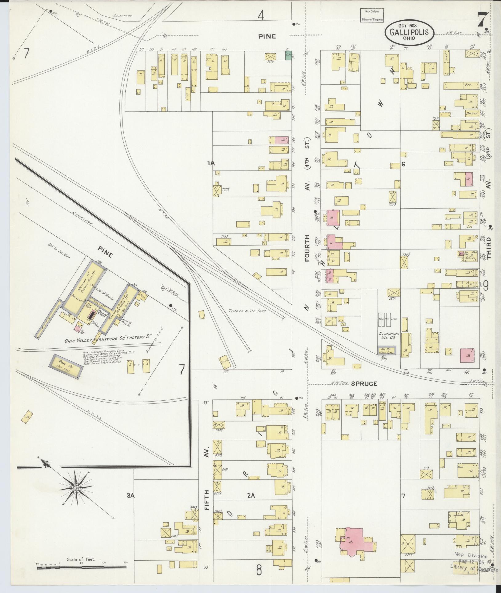 Sanborn Fire Insurance Map from Gallipolis, Gallia County, Ohio (1908), Sheet #0007 - Historic Sanborn Fire Insurance Map Print, vintage old map wall art, antique decor, genealogy gift, Ohio Ohio map