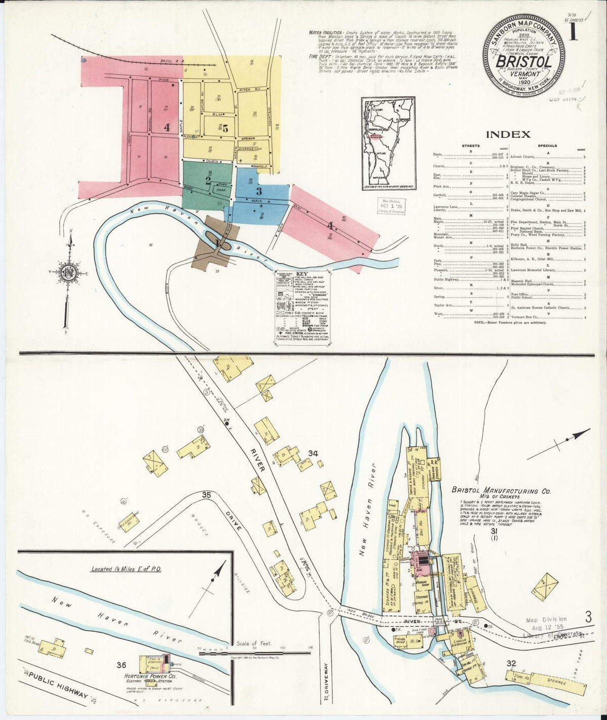 Sanborn Fire Insurance Map from Bristol, Addison County, Vermont (1920), Sheet #0001 - Historic Sanborn Fire Insurance Map Print, vintage old map wall art, antique decor, genealogy gift, Vermont Vermont map