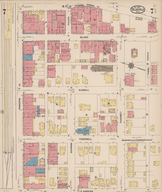 Sanborn Fire Insurance Map from Bluefield, Mercer County, West Virginia (1922), Sheet #0007 - Historic Sanborn Fire Insurance Map Print, vintage old map wall art, antique decor, genealogy gift, West Virginia West Virginia map