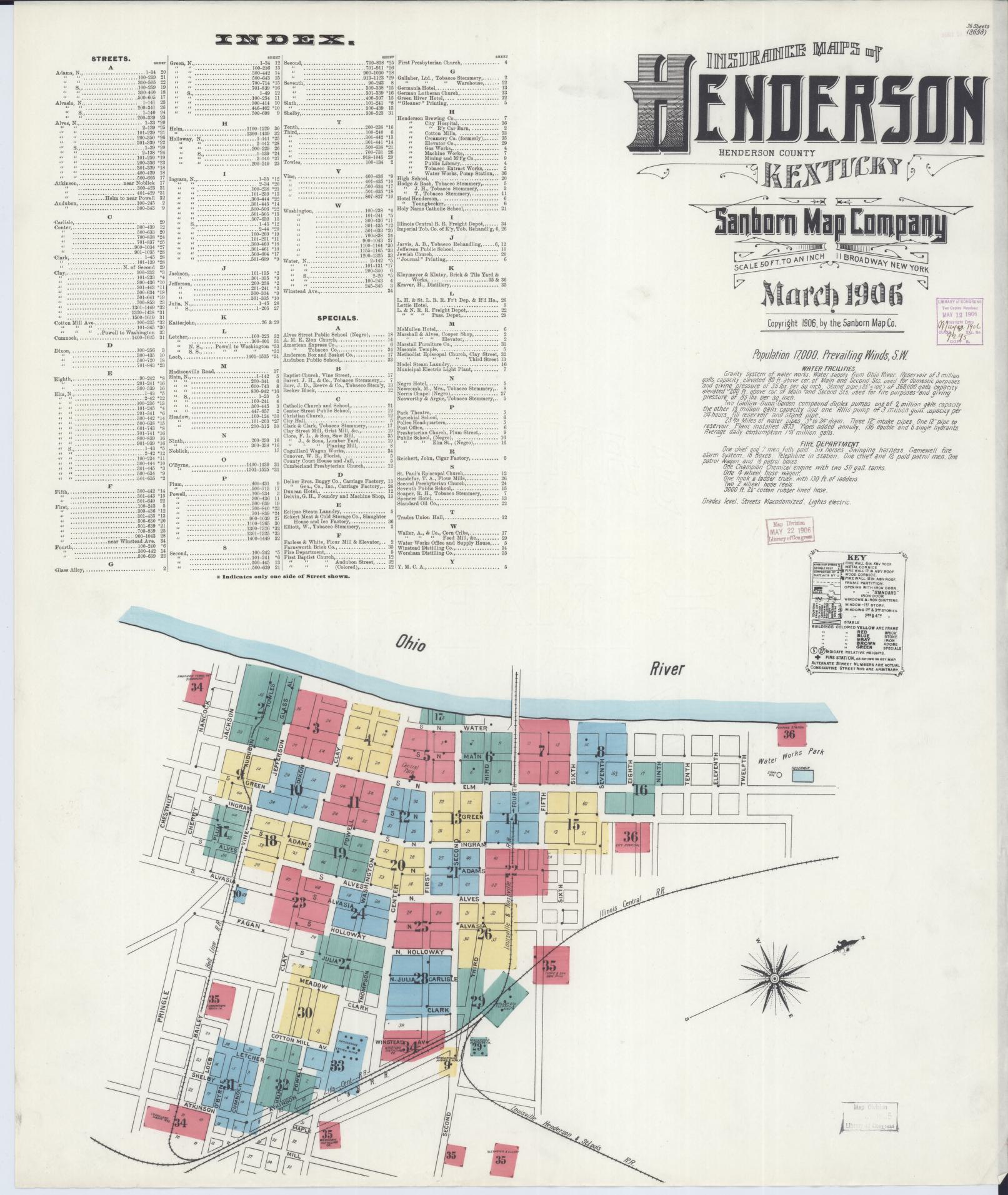 Sanborn Fire Insurance Map from Henderson, Henderson County, Kentucky (1906), Sheet #0001 - Historic Sanborn Fire Insurance Map Print, vintage old map wall art, antique decor, genealogy gift, Kentucky Kentucky map