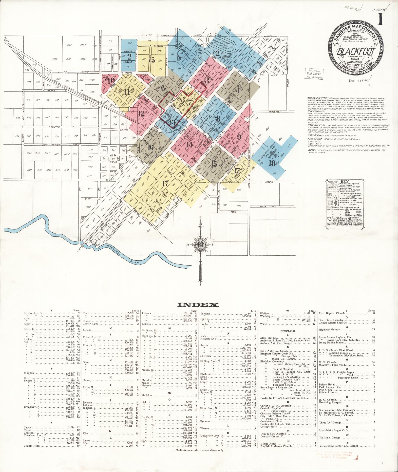 Sanborn Fire Insurance Map from Blackfoot, Bingham County, Idaho (1921), Sheet #0001 - Historic Sanborn Fire Insurance Map Print, vintage old map wall art, antique decor, genealogy gift, Idaho Idaho map