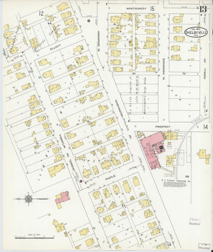 Sanborn Fire Insurance Map from Shelbyville, Shelby County, Indiana (1910), Sheet #0013 - Historic Sanborn Fire Insurance Map Print, vintage old map wall art, antique decor, genealogy gift, Indiana Indiana map