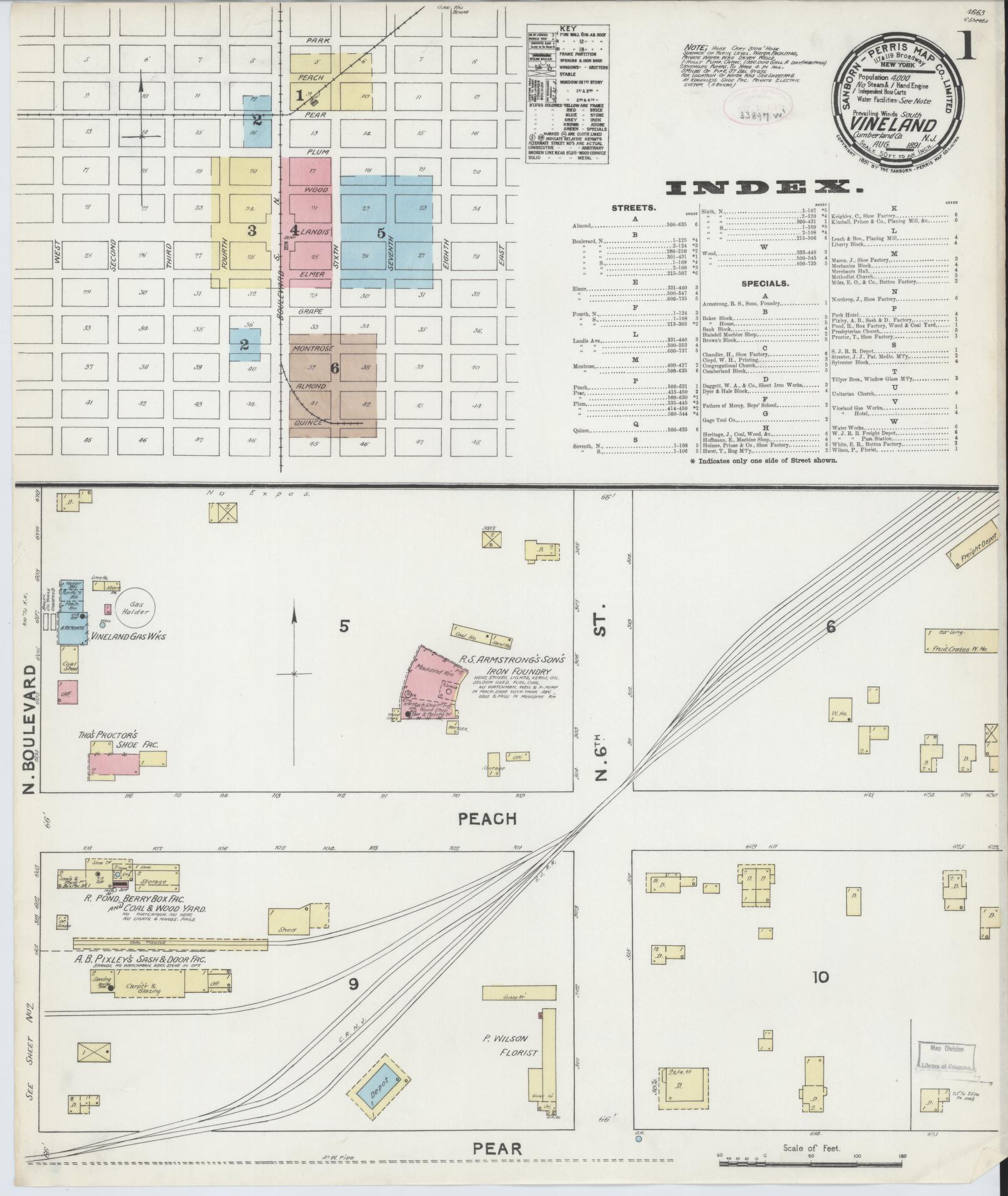 Sanborn Fire Insurance Map from Vineland, Cumberland County, New Jersey. (1891) – Historic Sanborn Fire Insurance Map Print