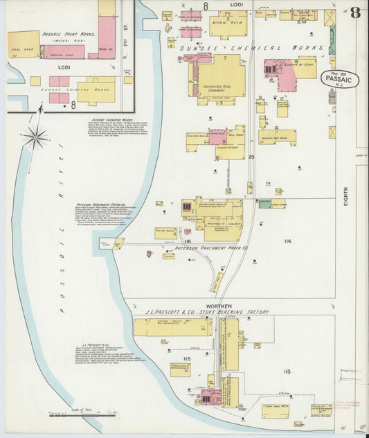 Sanborn Fire Insurance Map from Passaic, Passaic County, New Jersey (1899), Sheet #0008 - Historic Sanborn Fire Insurance Map Print, vintage old map wall art, antique decor, genealogy gift, New Jersey New Jersey map