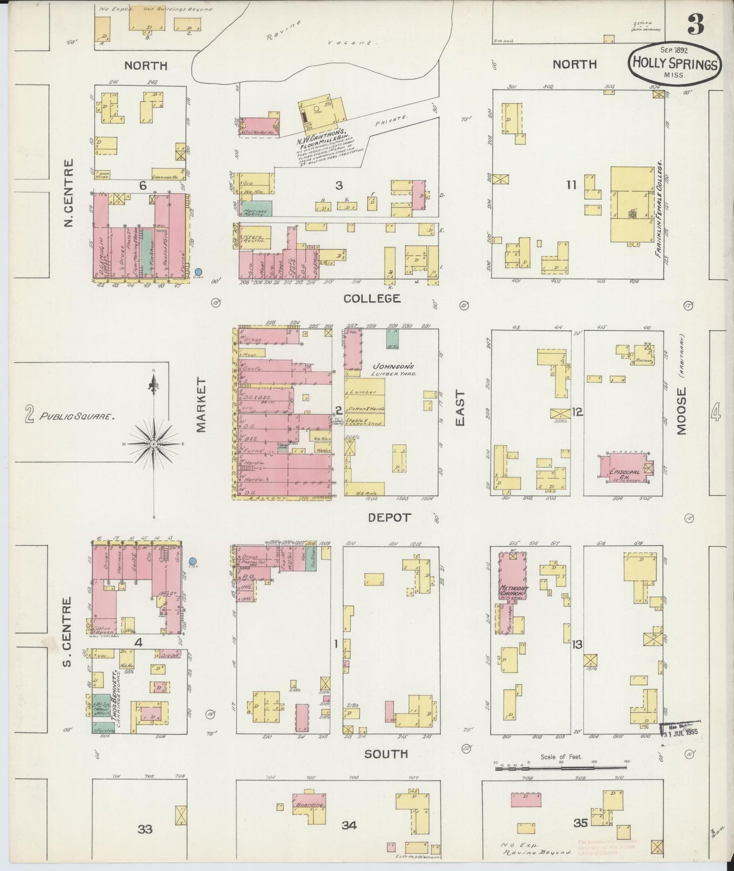 Sanborn Fire Insurance Map from Holly Springs, Marshall County, Mississippi (1892), Sheet #0003 - Historic Sanborn Fire Insurance Map Print, vintage old map wall art, antique decor, genealogy gift, Mississippi Mississippi map