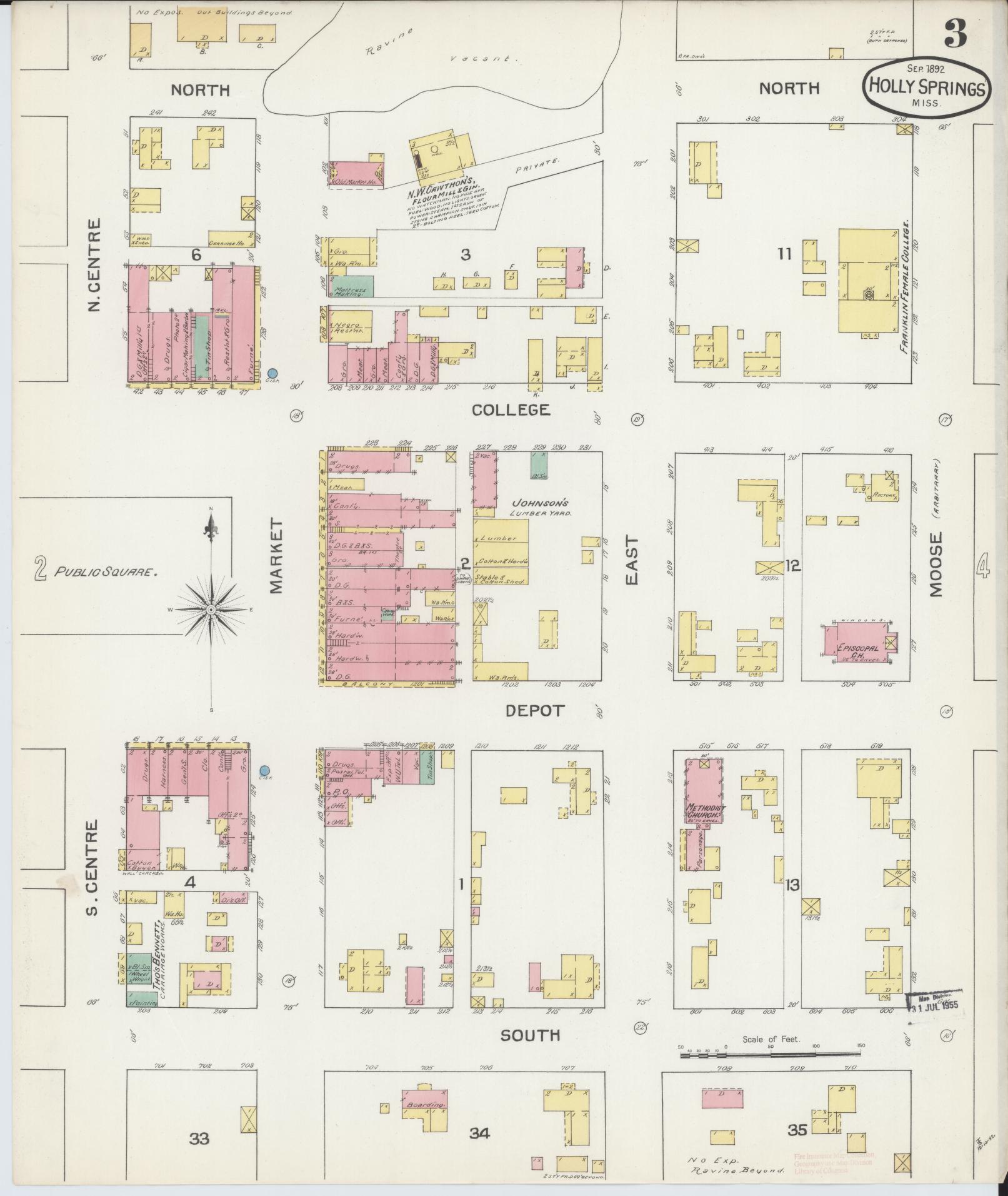 Sanborn Fire Insurance Map from Holly Springs, Marshall County, Mississippi (1892), Sheet #0003 - Historic Sanborn Fire Insurance Map Print, vintage old map wall art, antique decor, genealogy gift, Mississippi Mississippi map