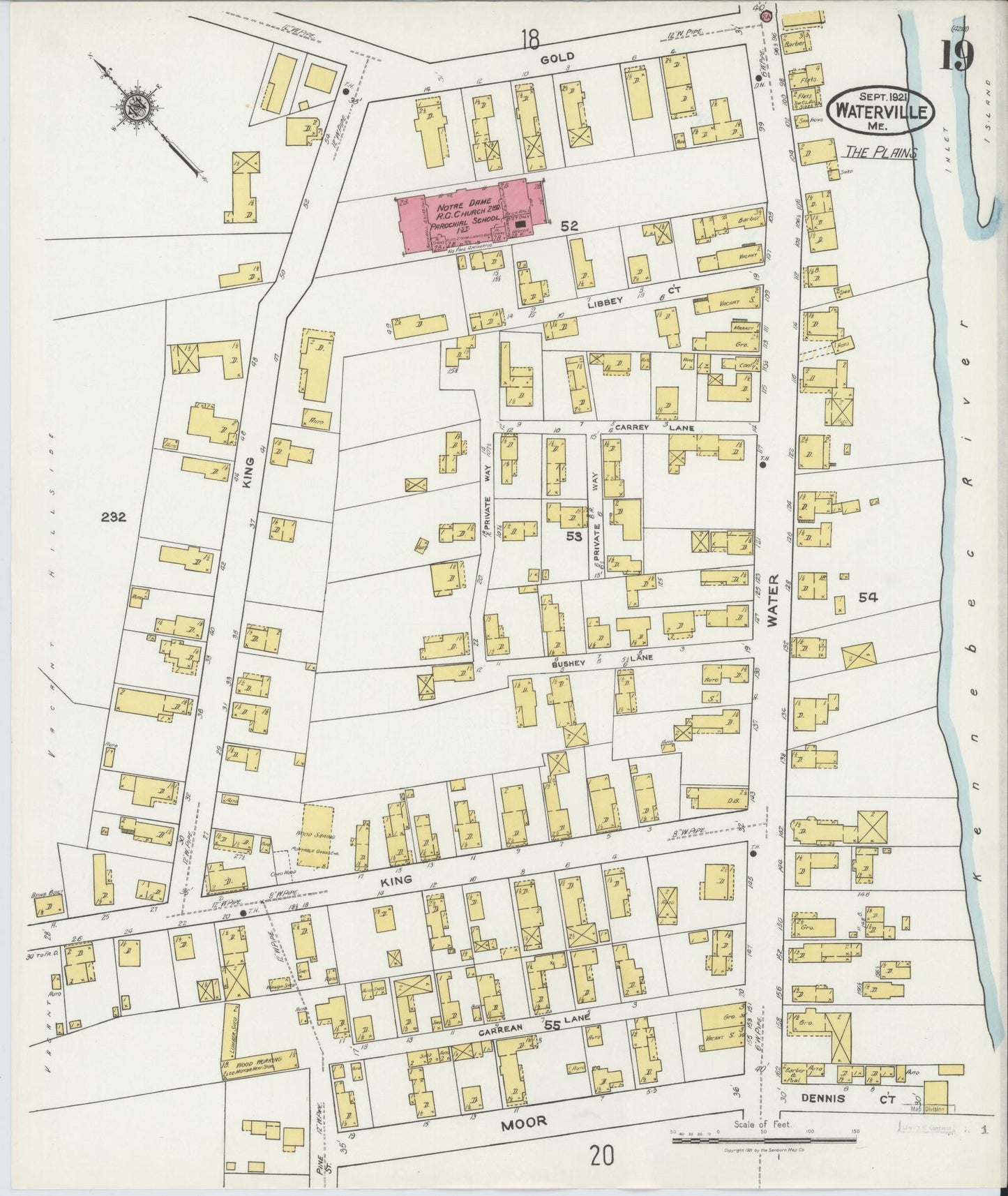 Sanborn Fire Insurance Map from Waterville, Kennebec County, Maine (1921), Sheet #0019 - Complete Map Set gallery image, historic Sanborn map, vintage wall art, Maine Maine