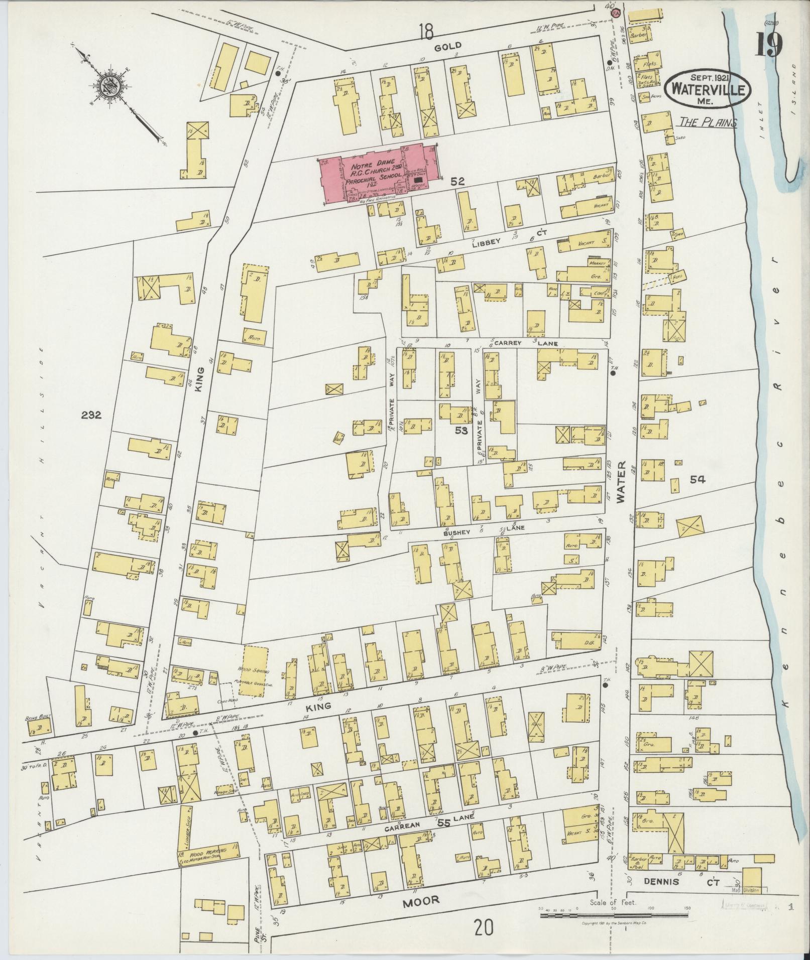 Sanborn Fire Insurance Map from Waterville, Kennebec County, Maine (1921), Sheet #0019 - Complete Map Set gallery image, historic Sanborn map, vintage wall art, Maine Maine