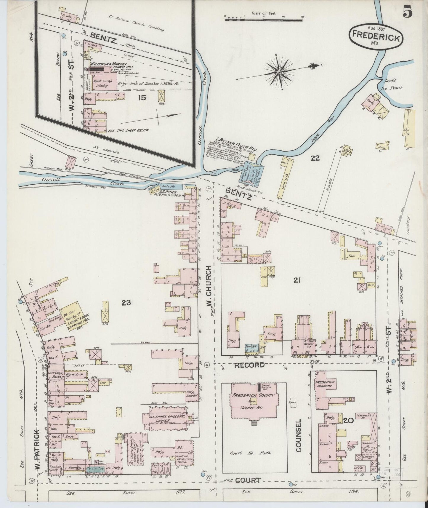 Frederick, Maryland - 1887 - Sanborn Fire Insurance Map, Sheet #0005 - Historic Sanborn Fire Insurance Map Print, Frederick Maryland 1887 0005 vintage old map wall art
