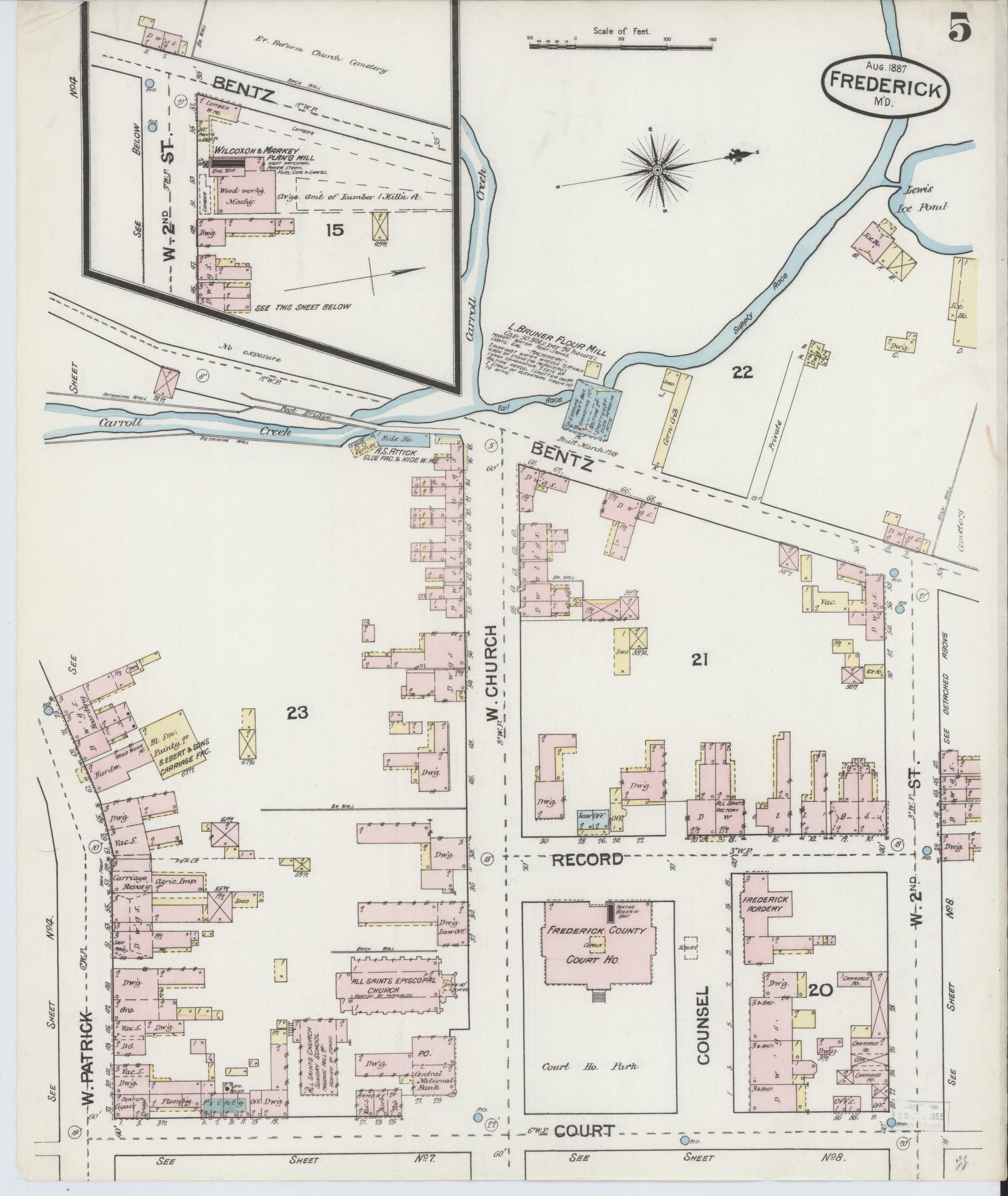 Frederick, Maryland - 1887 - Sanborn Fire Insurance Map, Sheet #0005 - Historic Sanborn Fire Insurance Map Print, Frederick Maryland 1887 0005 vintage old map wall art