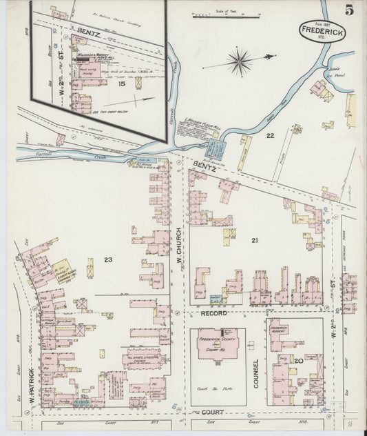 Frederick, Maryland - 1887 - Sanborn Fire Insurance Map, Sheet #0005 - Historic Sanborn Fire Insurance Map Print, Frederick Maryland 1887 0005 vintage old map wall art
