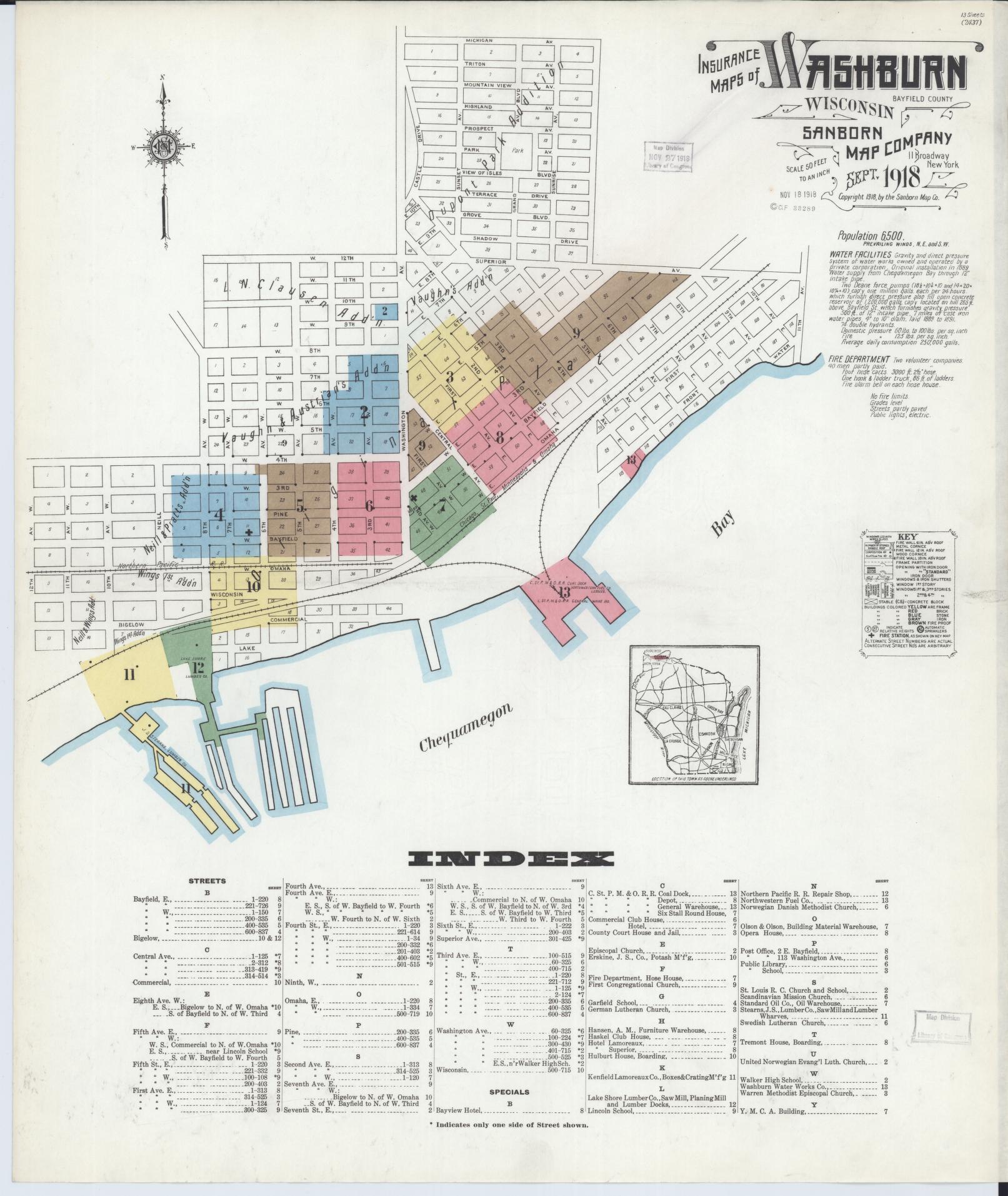 Sanborn Fire Insurance Map from Washburn, Bayfield County, Wisconsin (1918), Sheet #0001 - Historic Sanborn Fire Insurance Map Print, vintage old map wall art, antique decor, genealogy gift, Wisconsin Wisconsin map