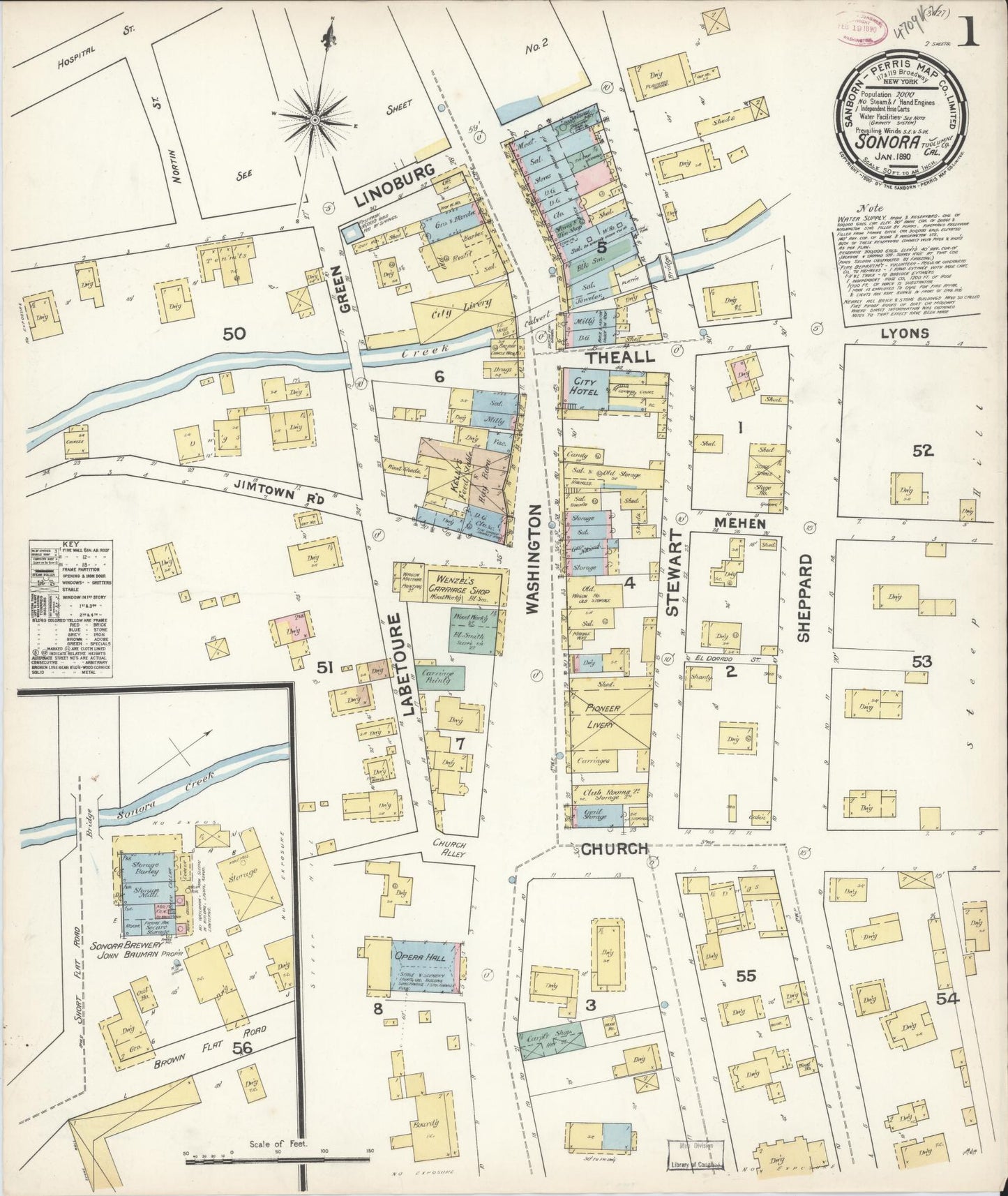 Sanborn Fire Insurance Map from Sonora, Tuolumne County, California (1890), Sheet #0001 - Complete Map Set gallery image, historic Sanborn map, vintage wall art, California California