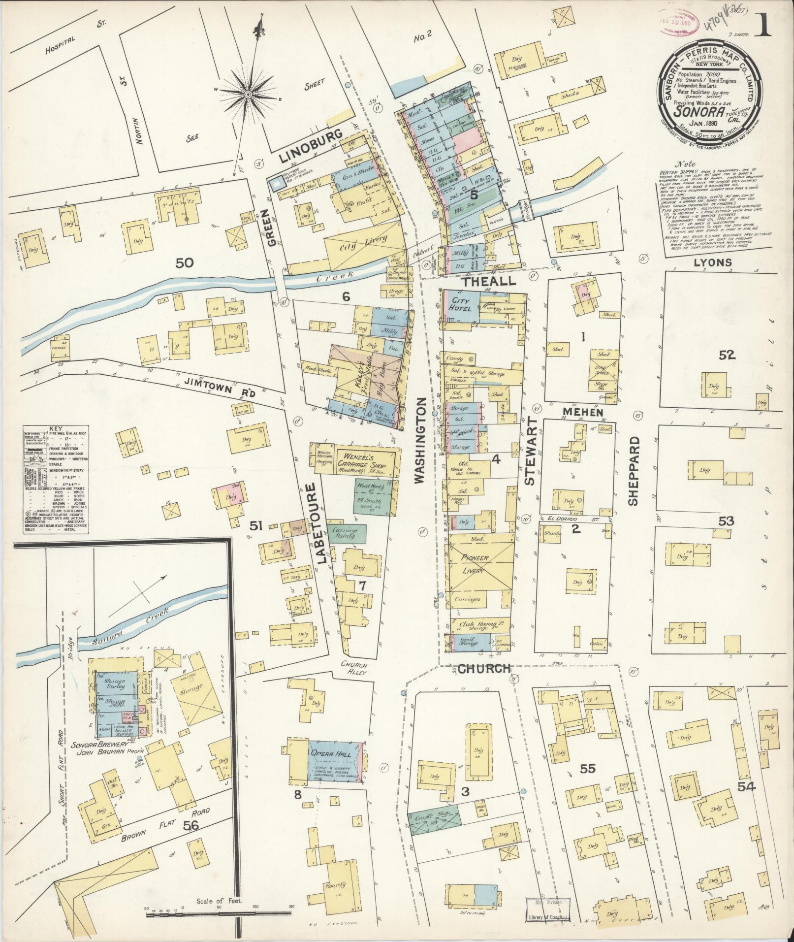 Sanborn Fire Insurance Map from Sonora, Tuolumne County, California (1890), Sheet #0001 - Complete Map Set gallery image, historic Sanborn map, vintage wall art, California California