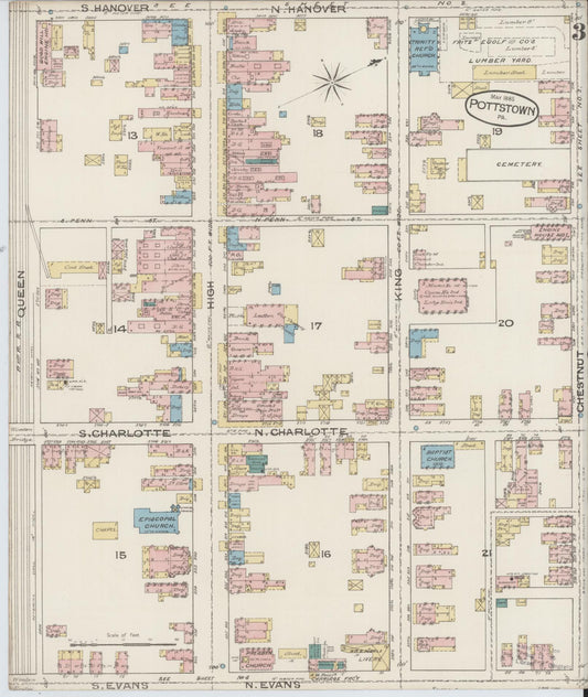Sanborn Fire Insurance Map from Pottstown, Montgomery County, Pennsylvania (1885), Sheet #0003 - Historic Sanborn Fire Insurance Map Print, vintage old map wall art, antique decor, genealogy gift, Pennsylvania Pennsylvania map