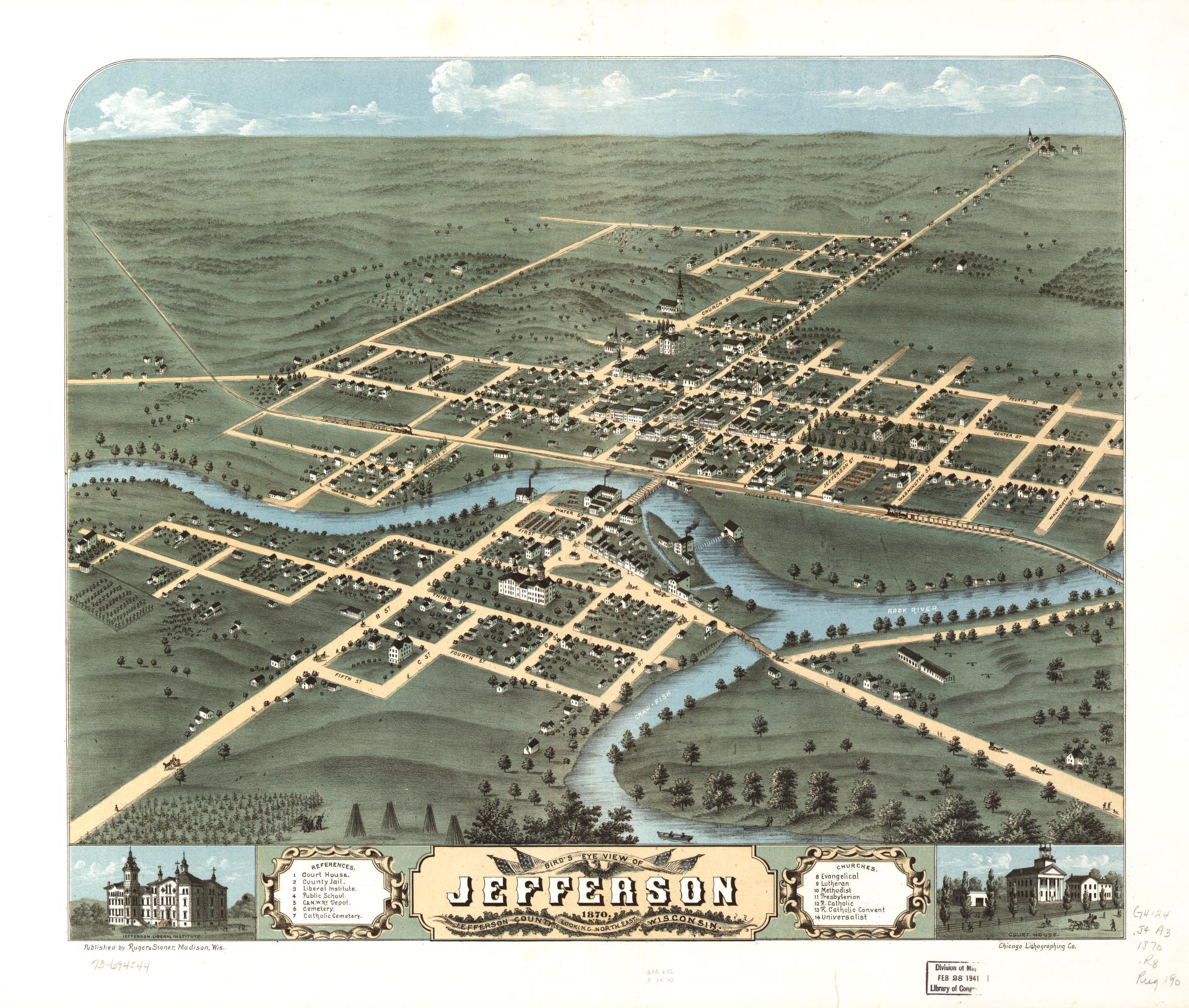 Bird's eye view of Jefferson, Jefferson County, Wisconsin 1870. (1870) – Historic Bird’s-Eye View Panorama Print