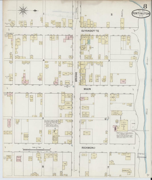 Sanborn Fire Insurance Map from Huntington, Cabell County, West Virginia (1889), Sheet #0008 - Historic Sanborn Fire Insurance Map Print, vintage old map wall art, antique decor, genealogy gift, West Virginia West Virginia map