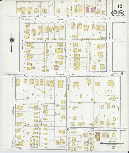 Sanborn Fire Insurance Map from Jonesboro, Craighead County, Arkansas (1919), Sheet #0012 - Complete Map Set gallery image, historic Sanborn map, vintage wall art, Arkansas Arkansas