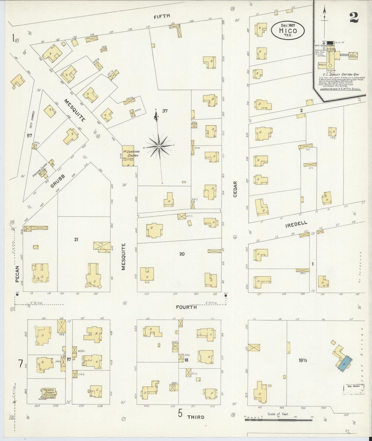 Sanborn Fire Insurance Map from Hico, Hamilton County, Texas (1907), Sheet #0002 - Historic Sanborn Fire Insurance Map Print, vintage old map wall art, antique decor, genealogy gift, Texas Texas map