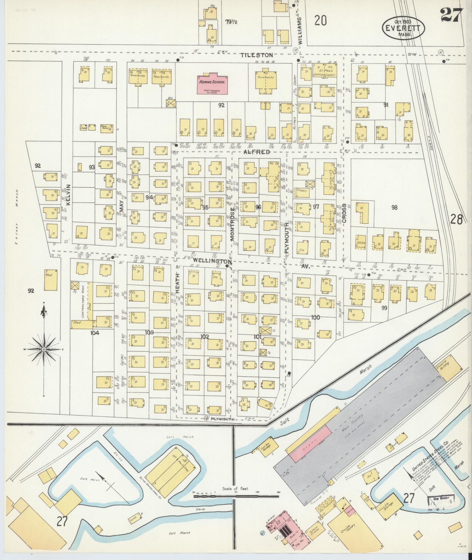 Sanborn Fire Insurance Map from Everett, Middlesex County, Massachusetts (1903), Sheet #0027 - Historic Sanborn Fire Insurance Map Print, vintage old map wall art, antique decor, genealogy gift, Massachusetts Massachusetts map