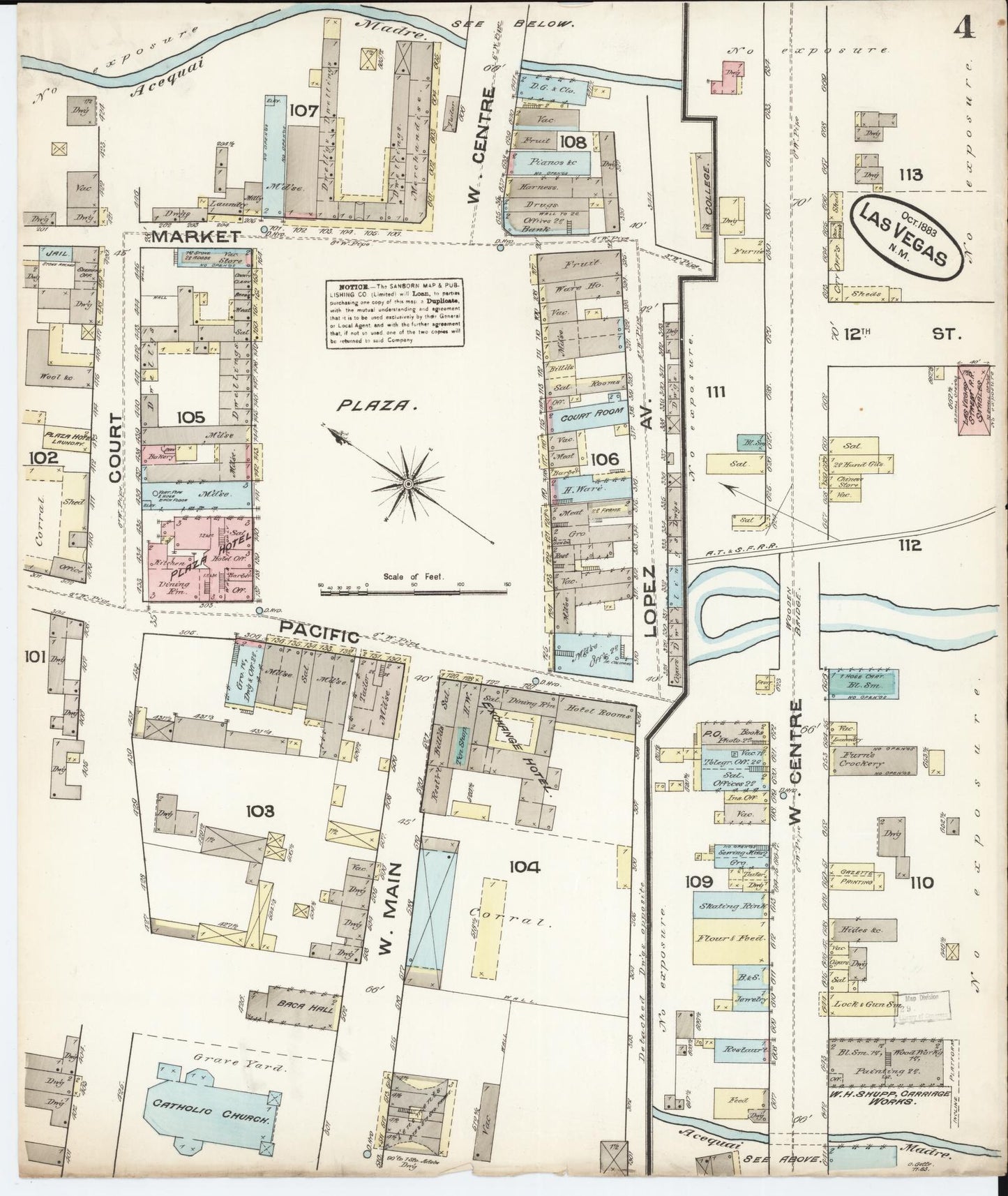 Sanborn Fire Insurance Map from Las Vegas, San Miguel County, New Mexico (1883), Sheet #0004 - Complete Map Set gallery image, historic Sanborn map, vintage wall art, New Mexico New Mexico