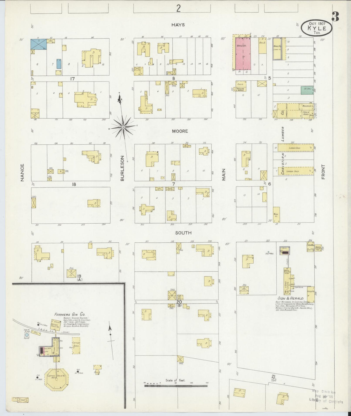 Sanborn Fire Insurance Map from Kyle, Hays County, Texas (1907), Sheet #0003 - Complete Map Set gallery image, historic Sanborn map, vintage wall art, Texas Texas