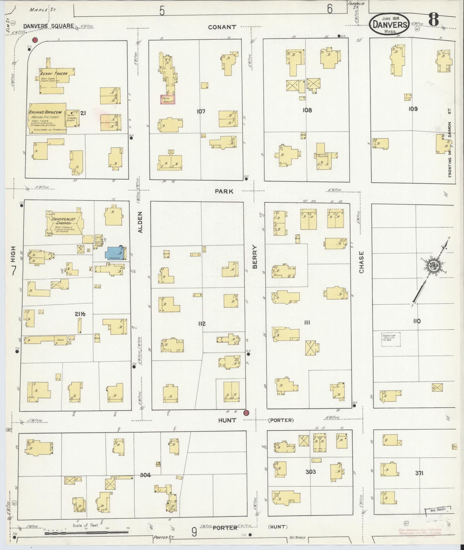 Sanborn Fire Insurance Map from Danvers, Essex County, Massachusetts (1916), Sheet #0008 - Historic Sanborn Fire Insurance Map Print, vintage old map wall art, antique decor, genealogy gift, Massachusetts Massachusetts map