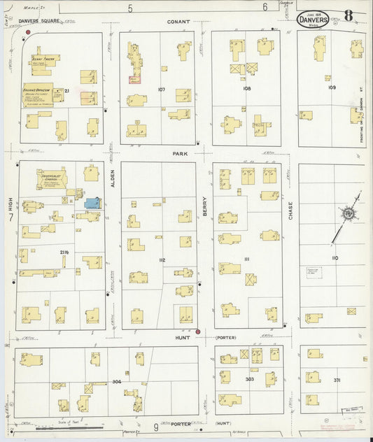 Sanborn Fire Insurance Map from Danvers, Essex County, Massachusetts (1916), Sheet #0008 - Historic Sanborn Fire Insurance Map Print, vintage old map wall art, antique decor, genealogy gift, Massachusetts Massachusetts map