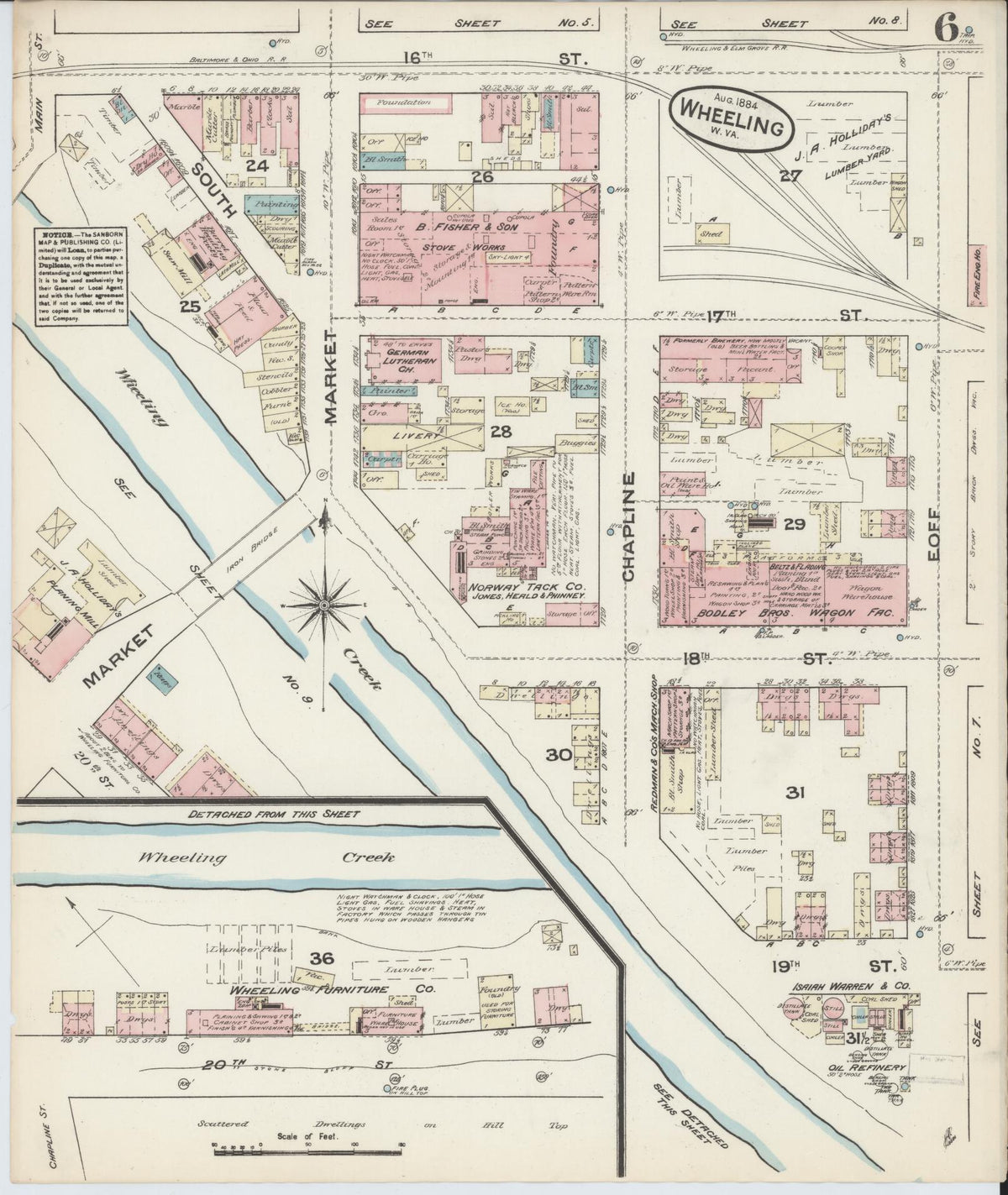 Sanborn Fire Insurance Map from Wheeling, Ohio County, West Virginia (1884), Sheet #0006 - Historic Sanborn Fire Insurance Map Print, vintage old map wall art, antique decor, genealogy gift, West Virginia West Virginia map