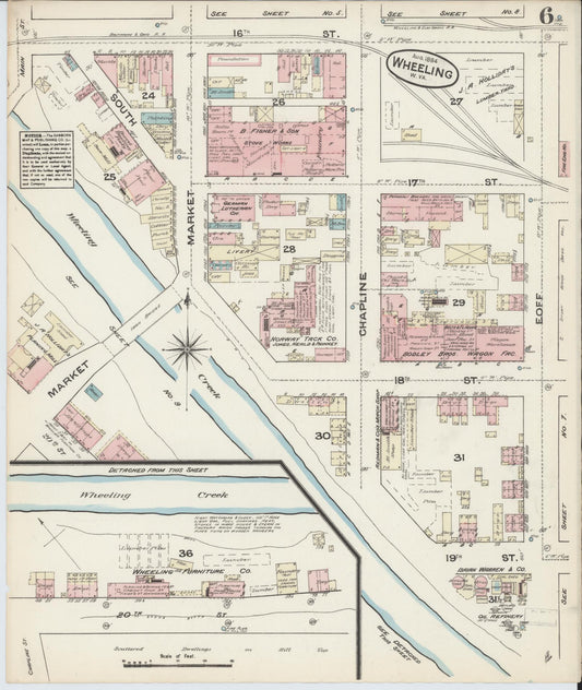 Sanborn Fire Insurance Map from Wheeling, Ohio County, West Virginia (1884), Sheet #0006 - Historic Sanborn Fire Insurance Map Print, vintage old map wall art, antique decor, genealogy gift, West Virginia West Virginia map