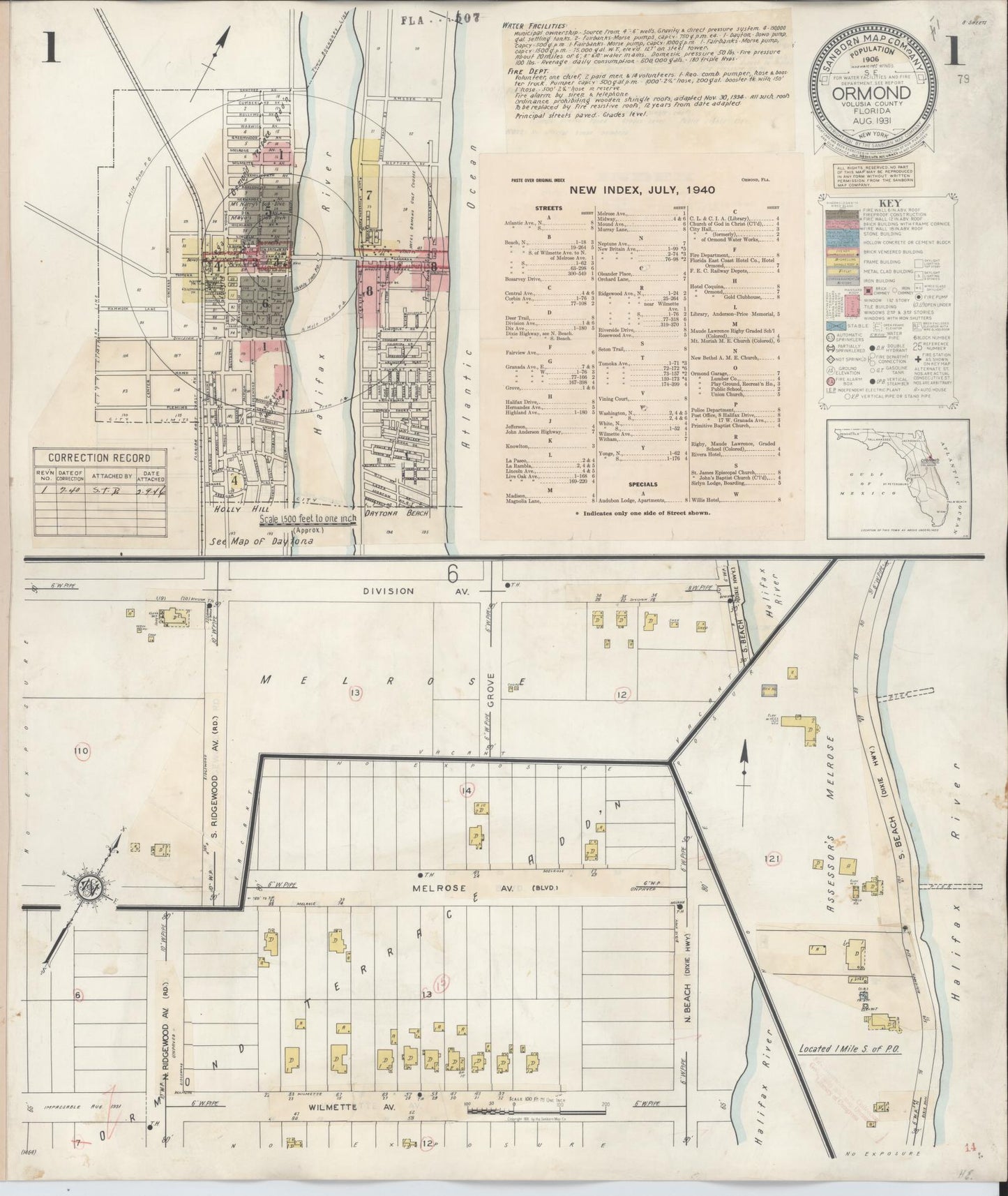 Sanborn Fire Insurance Map from Ormond, Volusia County, Florida (1931), Sheet #0001 - Historic Sanborn Fire Insurance Map Print, vintage old map wall art, antique decor, genealogy gift, Florida Florida map