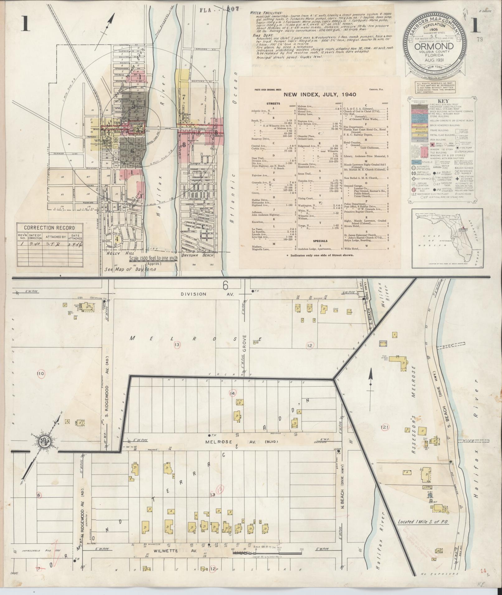 Sanborn Fire Insurance Map from Ormond, Volusia County, Florida (1931), Sheet #0001 - Historic Sanborn Fire Insurance Map Print, vintage old map wall art, antique decor, genealogy gift, Florida Florida map