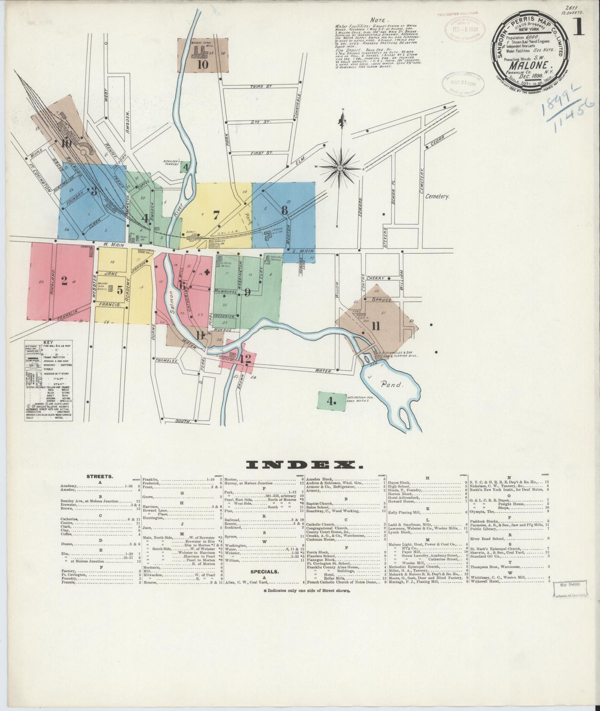 Sanborn Fire Insurance Map from Malone, Franklin County, New York (1898), Sheet #0001 - Historic Sanborn Fire Insurance Map Print, vintage old map wall art, antique decor, genealogy gift, New York New York map