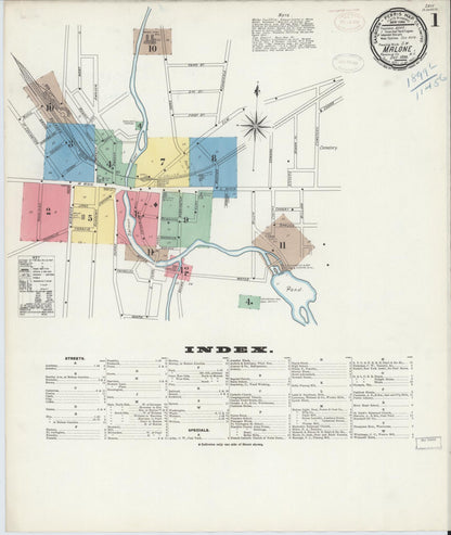 Sanborn Fire Insurance Map from Malone, Franklin County, New York (1898), Sheet #0001 - Historic Sanborn Fire Insurance Map Print, vintage old map wall art, antique decor, genealogy gift, New York New York map