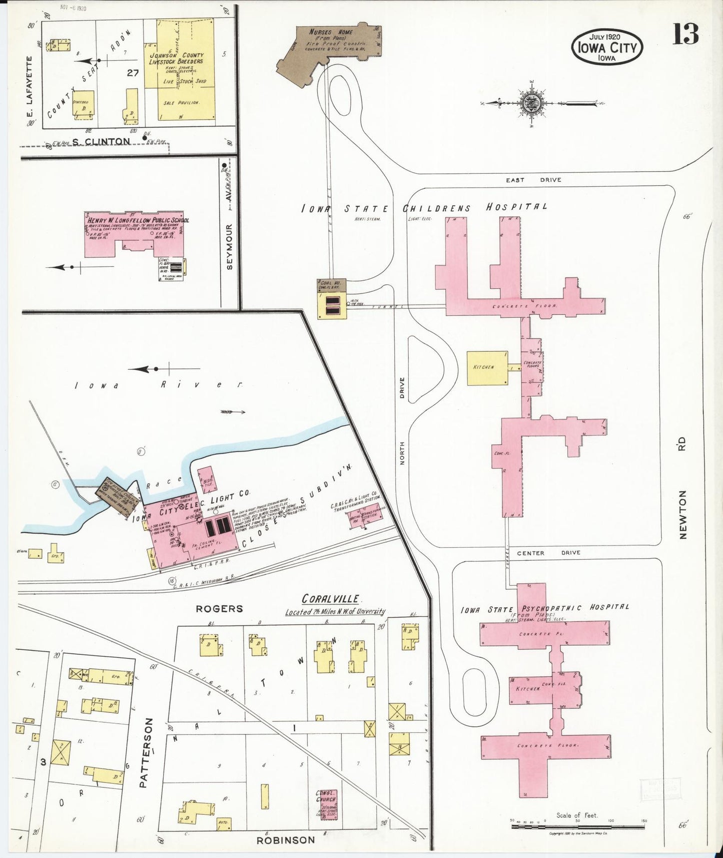 Sanborn Fire Insurance Map from Iowa City, Johnson County, Iowa (1920), Sheet #0013 - Historic Sanborn Fire Insurance Map Print, vintage old map wall art