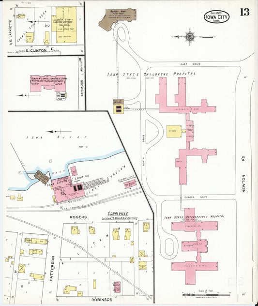 Sanborn Fire Insurance Map from Iowa City, Johnson County, Iowa (1920), Sheet #0013 - Historic Sanborn Fire Insurance Map Print, vintage old map wall art