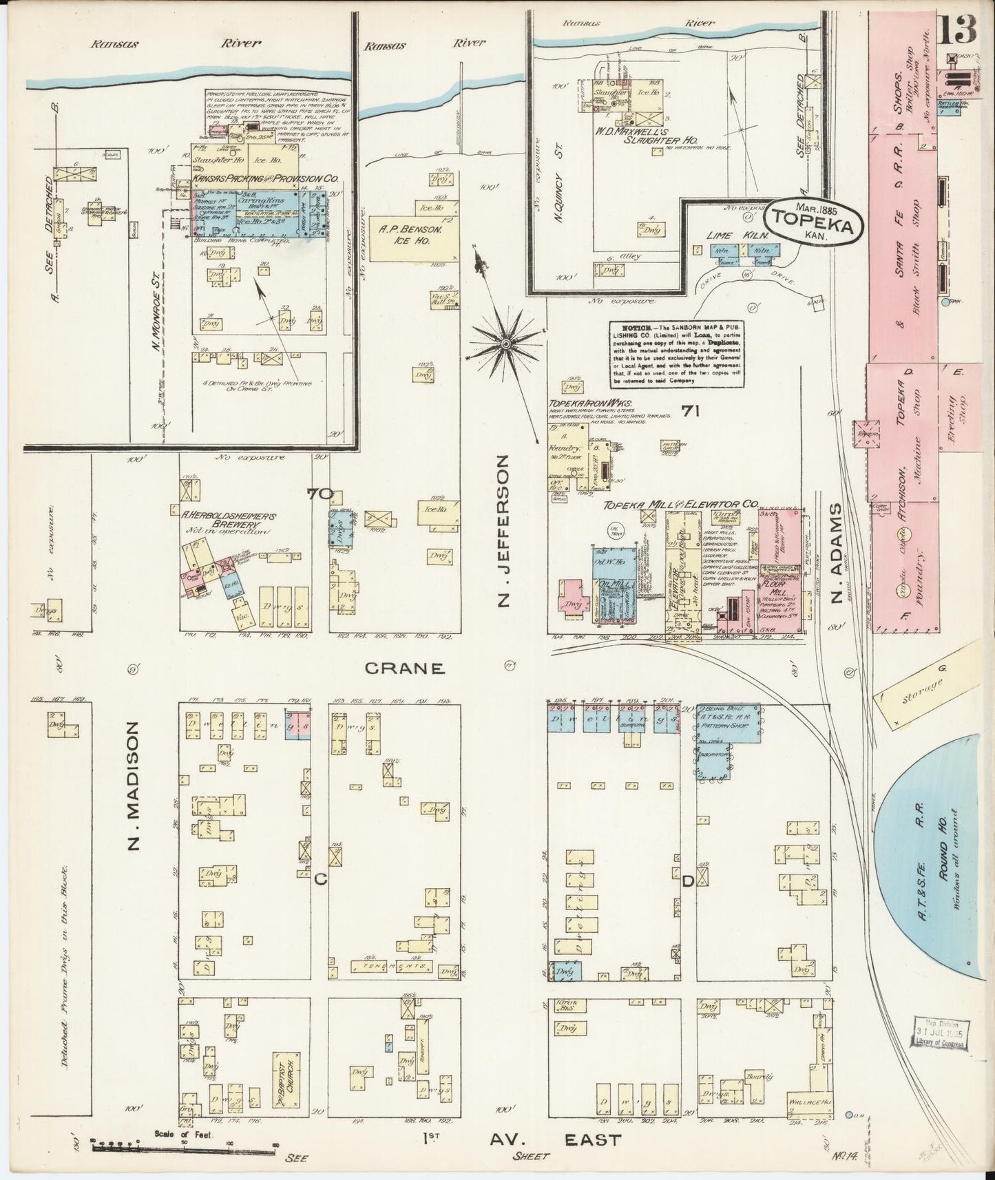 Sanborn Fire Insurance Map from Topeka, Shawnee County, Kansas (1885), Sheet #0013 - Complete Map Set gallery image, historic Sanborn map, vintage wall art, Kansas Kansas