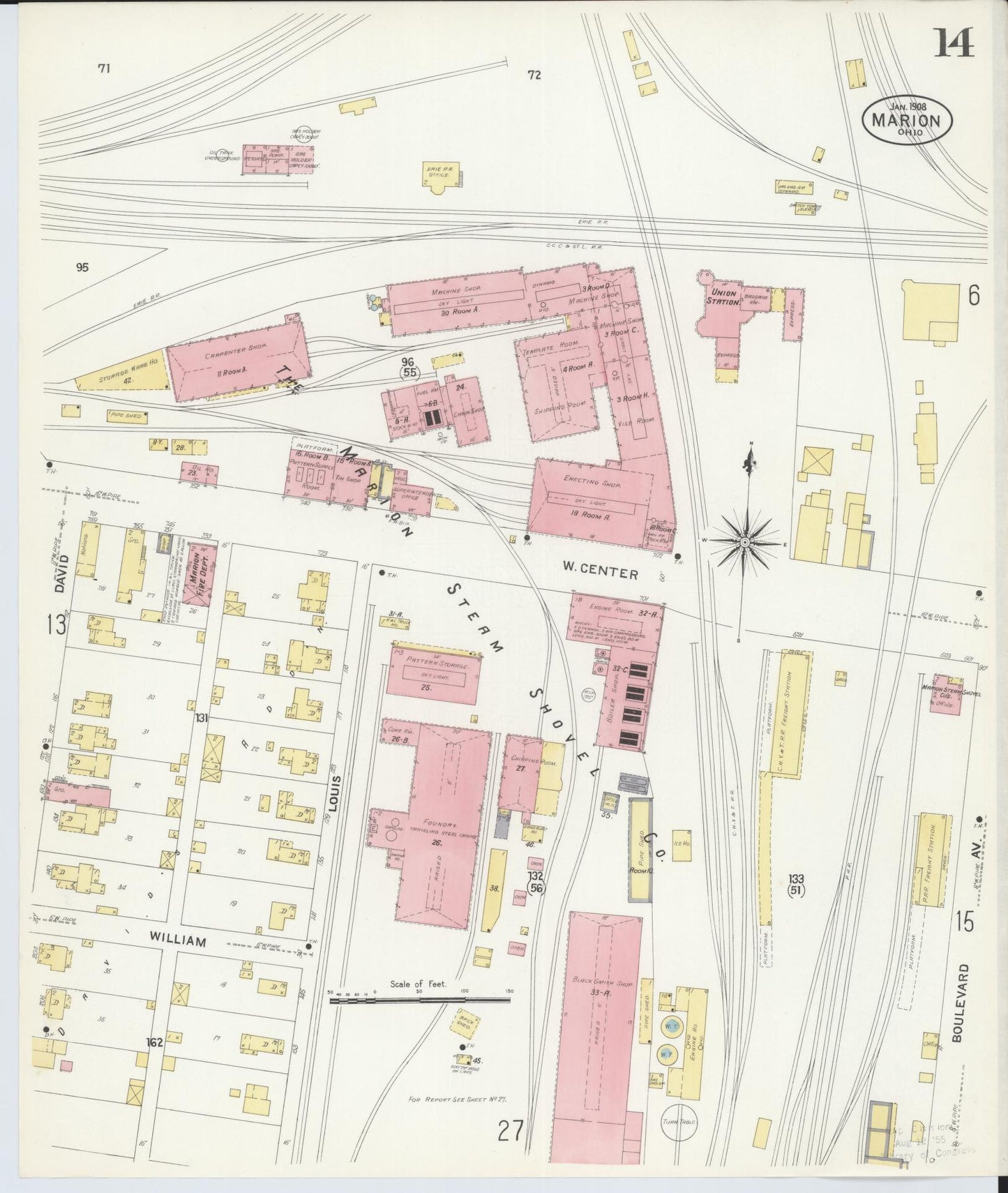 Sanborn Fire Insurance Map from Marion, Marion County, Ohio (1908), Sheet #0014 - Historic Sanborn Fire Insurance Map Print, vintage old map wall art, antique decor, genealogy gift, Ohio Ohio map