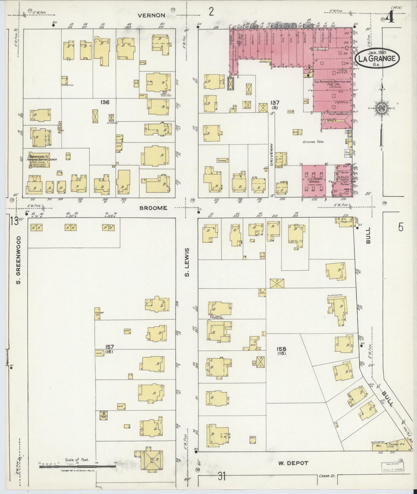 Sanborn Fire Insurance Map from La Grange, Troup County, Georgia (1921), Sheet #0004 - Complete Map Set gallery image, historic Sanborn map, vintage wall art, Georgia Georgia
