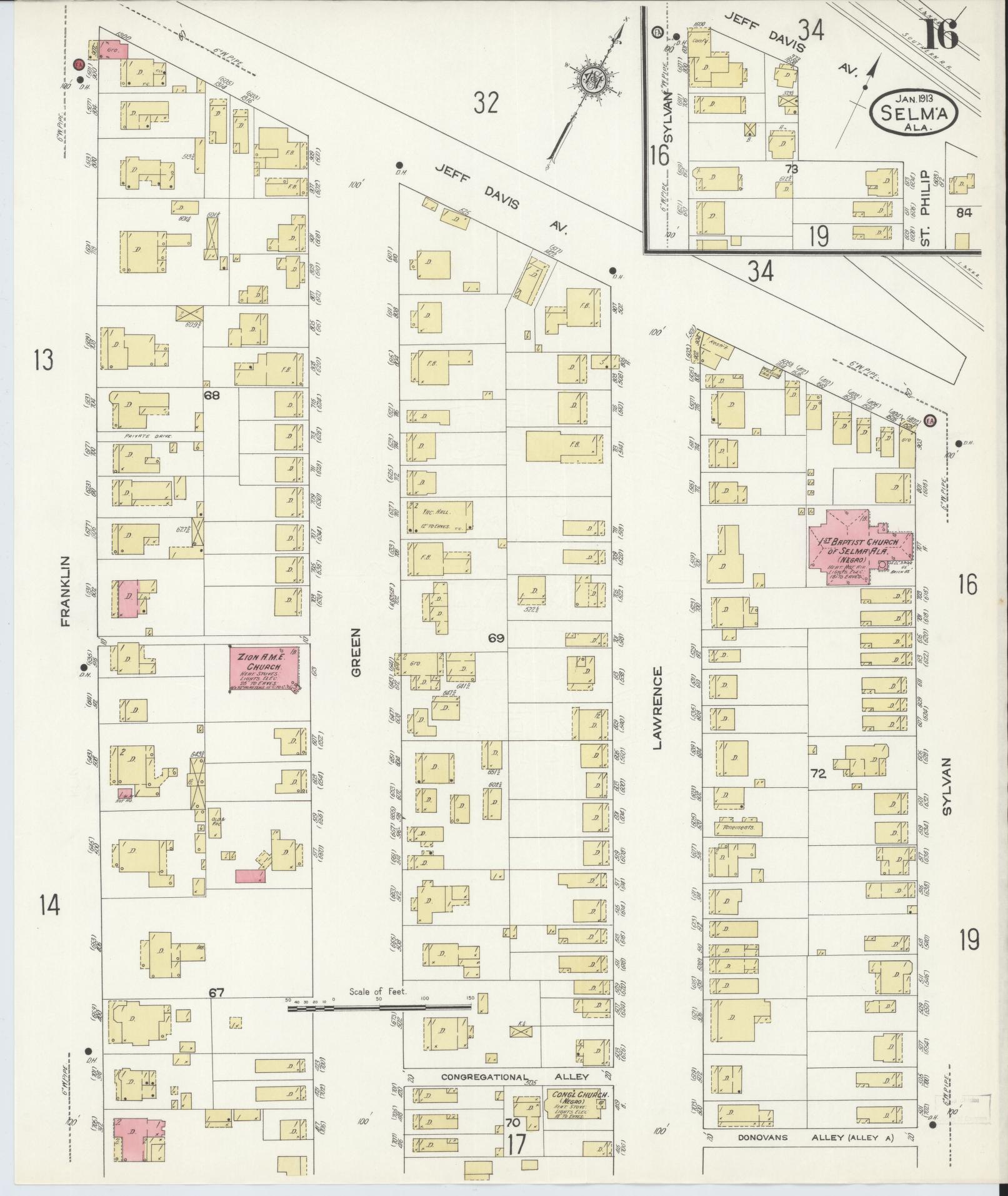 Sanborn Fire Insurance Map from Selma, Dallas County, Alabama (1913), Sheet #0016 - Historic Sanborn Fire Insurance Map Print, vintage old map wall art, antique decor, genealogy gift, Alabama Alabama map