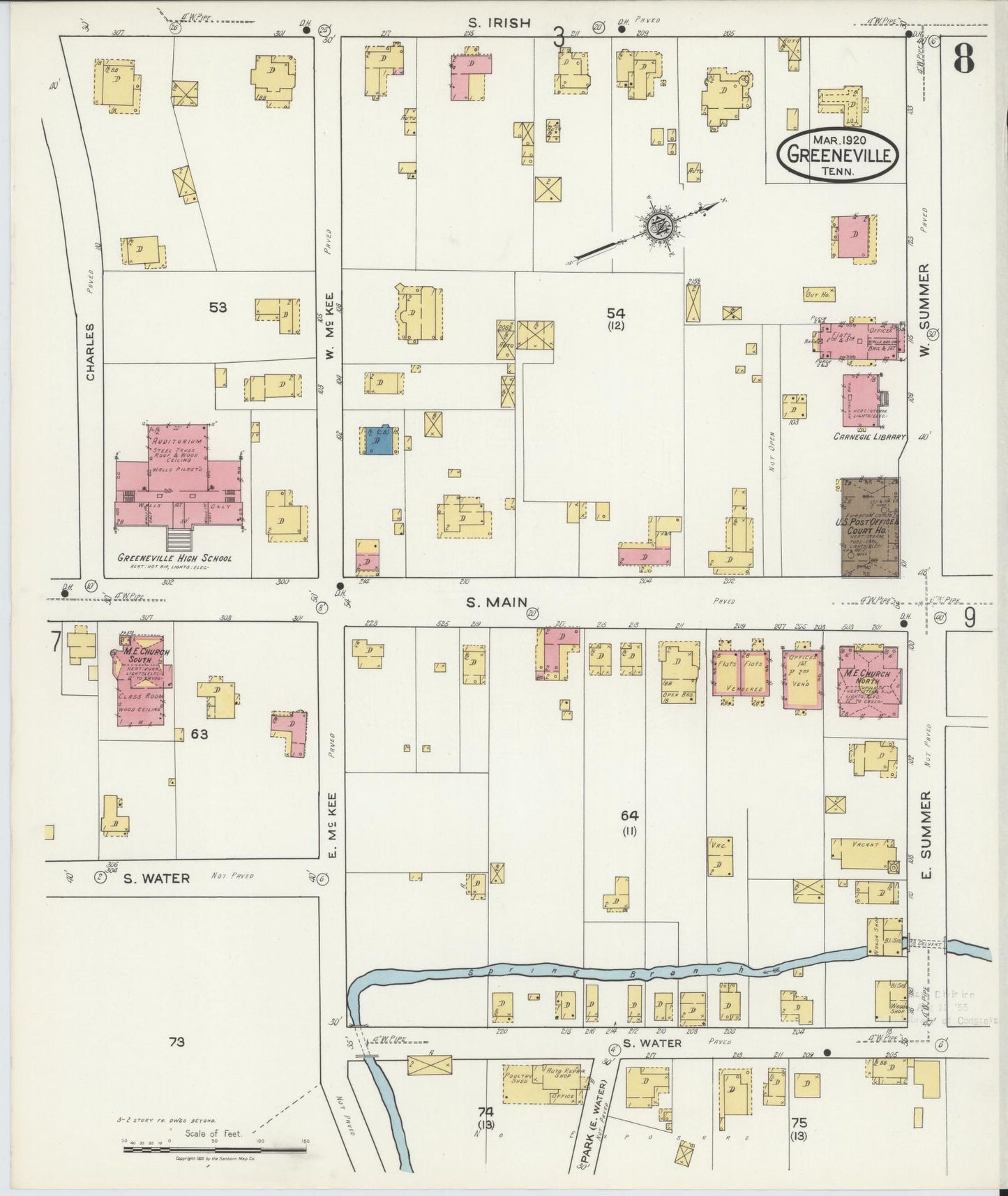 Sanborn Fire Insurance Map from Greeneville, Greene County, Tennessee (1920), Sheet #0008 - Historic Sanborn Fire Insurance Map Print, vintage old map wall art, antique decor, genealogy gift, Tennessee Tennessee map
