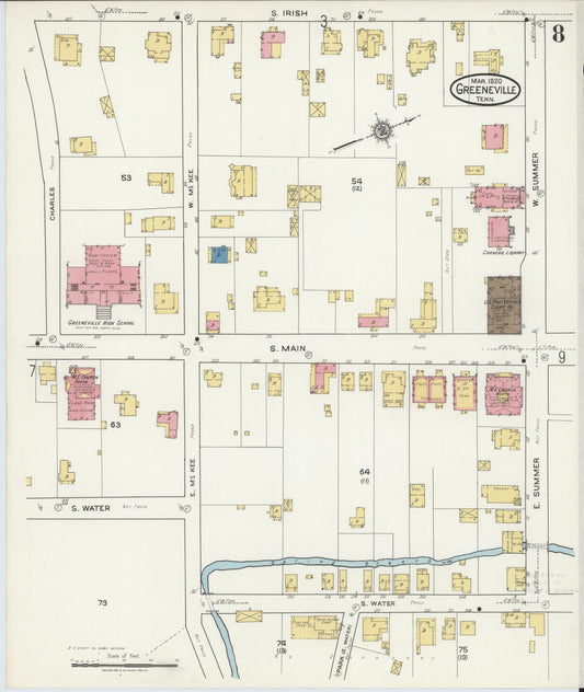Sanborn Fire Insurance Map from Greeneville, Greene County, Tennessee (1920), Sheet #0008 - Historic Sanborn Fire Insurance Map Print, vintage old map wall art, antique decor, genealogy gift, Tennessee Tennessee map